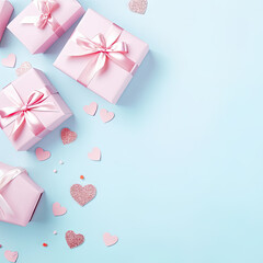 Valentines Day background. Gifts, candle, confetti, envelope on pastel blue background. Valentines day concept. Flat lay, top view, copy space
