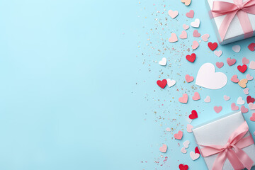 Valentines Day background. Gifts, candle, confetti, envelope on pastel blue background. Valentines day concept. Flat lay, top view, copy space