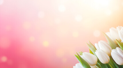 Pink background with copy space and white tulips on the right side.