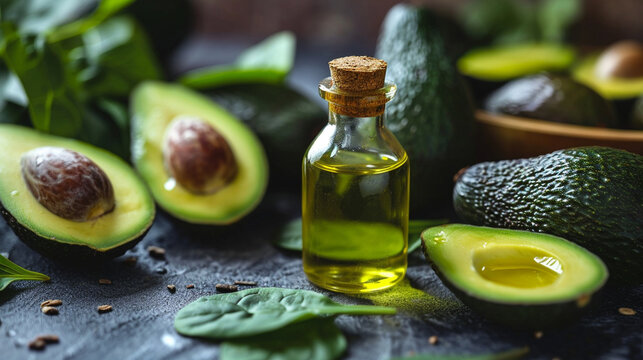 avocado oil extract in a small bottle. selective focus. Generative AI,