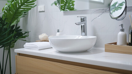 Fototapeta na wymiar Wall-mounted vanity with white ceramic vessel sink. Interior design of modern scandinavian bathroom