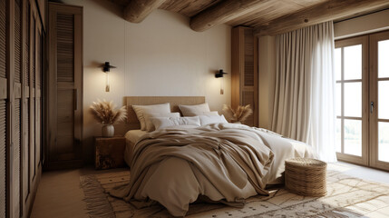 Fototapeta na wymiar Wood bedside cabinet near bed with beige blanket. Farmhouse interior design of modern bedroom with lining wall and beam ceiling