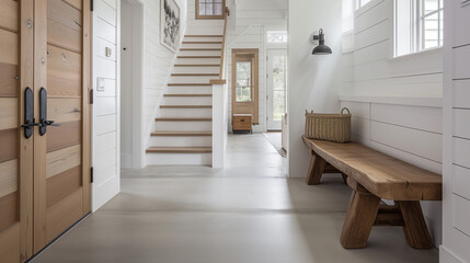 Wooden bench and steps. Farmhouse interior design of modern entryway 