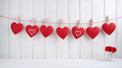 red heart hanging on clothesline on white wooden