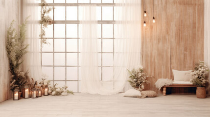 Embrace the serenity of an empty room with soft curtains, as sunlight pours through the windows, creating a clean and inviting photo background