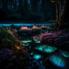 An otherworldly garden bathed in the soft glow of bioluminescent flora, evoking a sense of mystique and wonder.