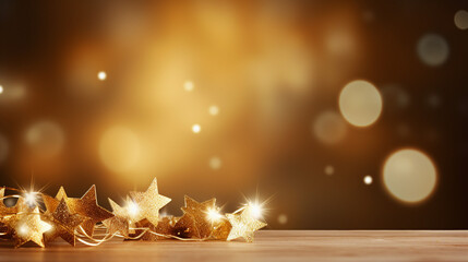 Fototapeta na wymiar Elegant Celebration with Glowing Gold Lights and Star Bokeh - Perfect Festive Background for Holiday Promotions and Magical Events