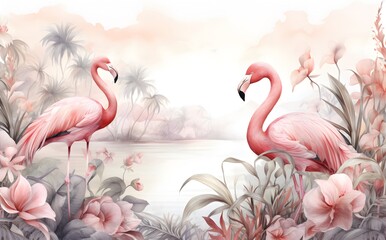 Naklejka premium Flamingo in a garden illustration with soft watercolor style