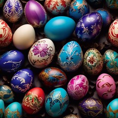 Fototapeta na wymiar Experience the vibrant colors and intricate designs of Easter eggs, rendered in a whimsical and playful style