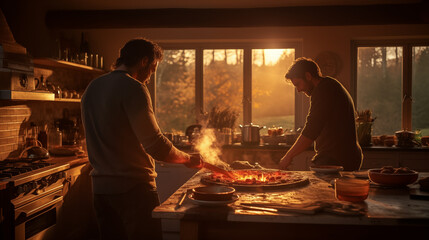 Two men are making a pizza in a cosy kitchen. Dim light, golden hour. 