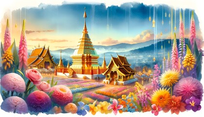 Illustration of golden pagoda with various flowers in chiang mai in watercolor style.