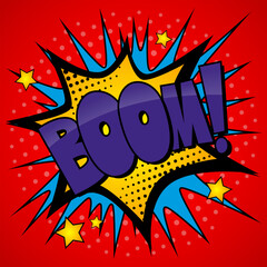 Inscription "boom" against the background of bright explosion. Vector illustration in comic style
