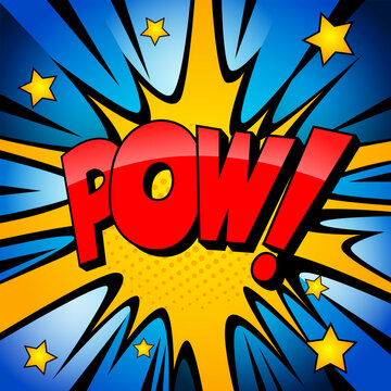 Inscription "pow" against the background of bright explosion with stars. Vector illustration in comic style