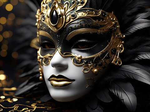 Mardi Gras Shiny Golden Carnival mask Black Feathers Background. Generative AI
