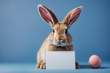 easter bunny with greeting card,  blue backdrop, copy space, card designs