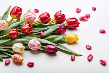 tulips on white, copy space, banner with flowers