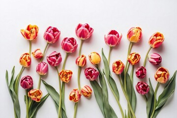 collection of colorful tulips on white with copy space