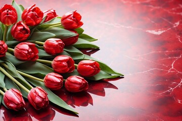 red tulips on marble background, copy space, banner for advertising