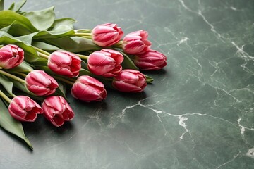 pink tulips on dark marble background with copy space