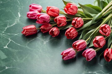 tulips on marble background, copy space, banner for flowers advertising