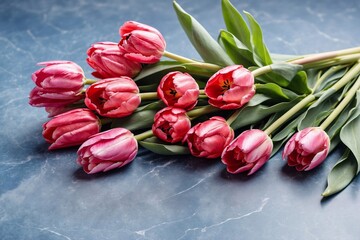 pink tulips on marble background, copy space
