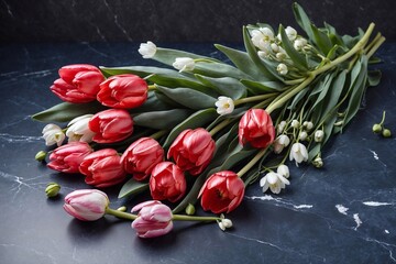 pink tulips and snowdrops on blue marble backdrop