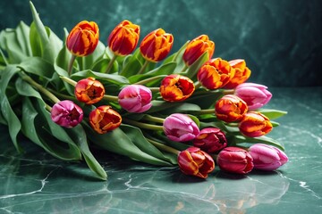 bouquet of tulips on green marble