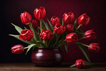 red tulips in ceramic vase with copy space