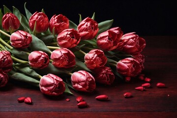 red tulips on a wooden background