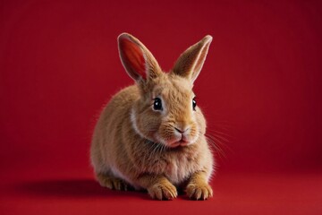 rabbit on red backdrop, copy space