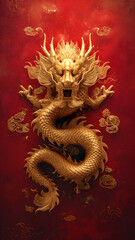 Dragón chino dorado sobre fondo rojo como símbolo del zodiaco chino