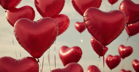 Lots of red heart-shaped balloons against the backdrop of a beautiful sunset. Romantic and festive atmosphere. Concept for holiday, birthday, wedding, Valentine's Day