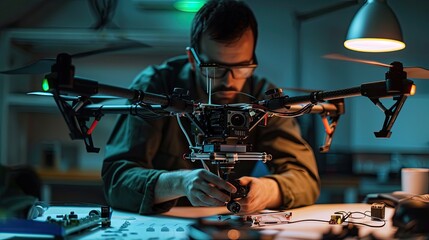 Engineer Fine-Tuning Advanced Drone Equipment in Workshop