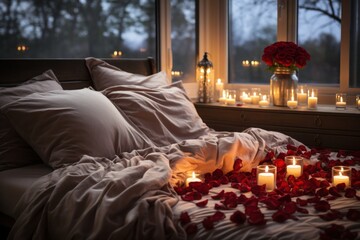 Soft bed covered with red rose petals. Romantic bedroom setting for anniversary or Valentine's Day. - obrazy, fototapety, plakaty