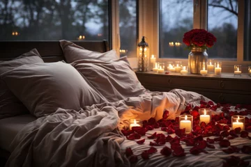 Deurstickers Soft bed covered with red rose petals. Romantic bedroom setting for anniversary or Valentine's Day. © Helios4Eos