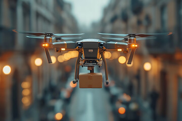 delivery drone delivers a large brown mail package around the city