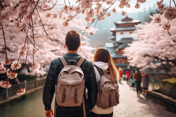 桜満開の日本を観光する外国人旅行客
