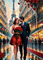 un jeune couple moderne, fetent la saint valentin avec un bouquet de rose rouge a le main, dans les rue de Paris. Avec en arrière plan la Tour Eiffel. Dans un style abstrait