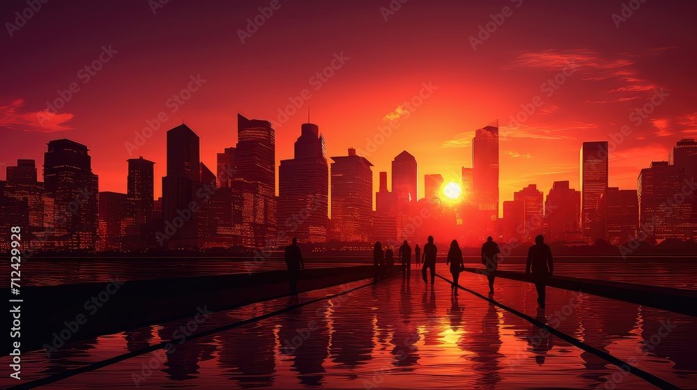 Wall mural buildings sunset urban background illustration architecture dusk, twilight silhouette, horizon colors buildings sunset urban background