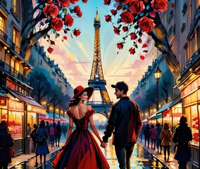 un jeune couple moderne, fetent la saint valentin avec un bouquet de rose rouge a le main, dans les rue de Paris. Avec en arrière plan la Tour Eiffel. Dans un style abstrait