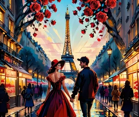 Foto op Canvas un jeune couple moderne, fetent la saint valentin avec un bouquet de rose rouge a le main, dans les rue de Paris. Avec en arrière plan la Tour Eiffel. Dans un style abstrait © GERARD