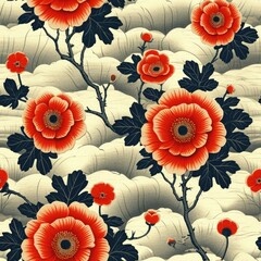 Traditional Japanese Seamless Pattern with Red Peonies and Clouds