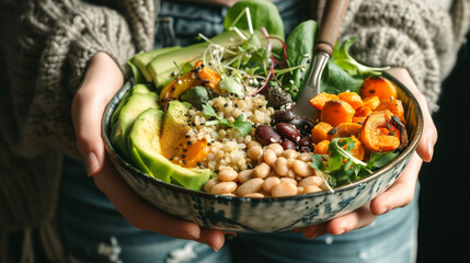 Healthy vegetarian dinner. Woman in jeans and warm sweater holding bowl with fresh salad, avocado, grains, beans, roasted vegetables, close-up. Superfood, clean eating, vegan, dieting food concept
