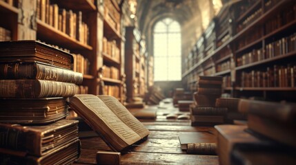 Obraz premium Spacious Room With an Abundance of Books on a Wooden Table