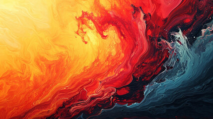 A vibrant dance of colors in a liquid swirl, mixing shades of fiery red and sunset orange, mimicking the flow of lava meeting ocean waves, abstract background