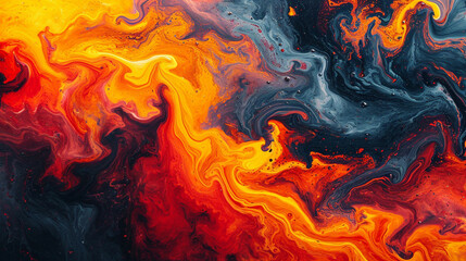 A vibrant dance of colors in a liquid swirl, mixing shades of fiery red and sunset orange, mimicking the flow of lava meeting ocean waves, abstract background