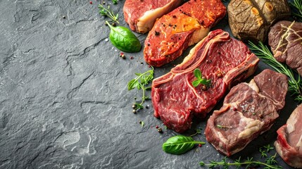 Variety of raw meats adorned with fresh herbs, vegetables, and spices on a dark stone surface.