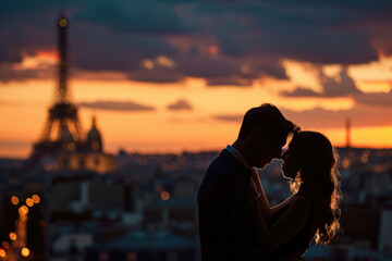 A loving couple lost in each other's eyes, surrounded by the enchanting ambiance of Paris - obrazy, fototapety, plakaty