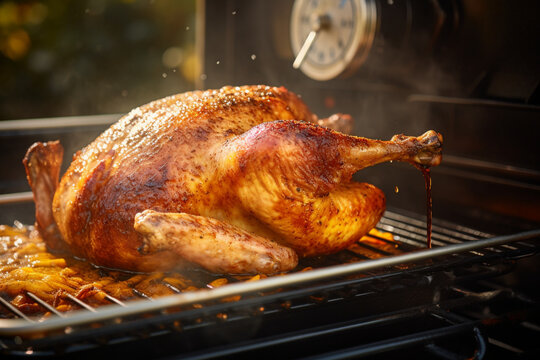 Close up image of a turkey frying to a nice crispy golden brown in an outdoor home deep fryer. The Thermometer reads about 325 degrees Fahrenheit. The oil is bubbling and rolling all over the yummy tu