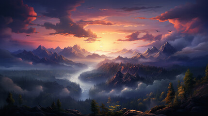 sunset in the mountains for wallpaper background , Generate AI